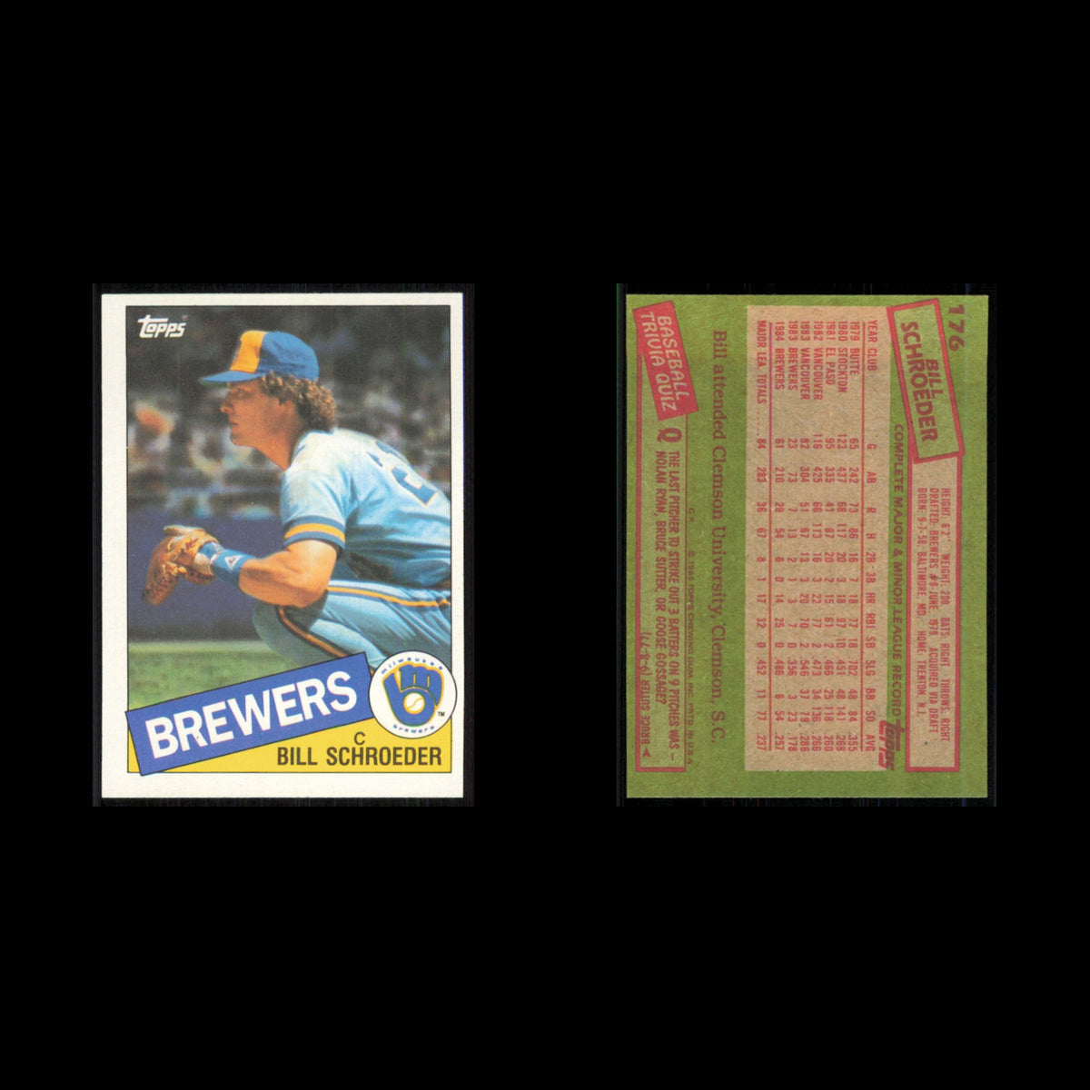 Bill Schroeder #176 1985 Topps Milwaukee Brewers Baseball Card MLB NM