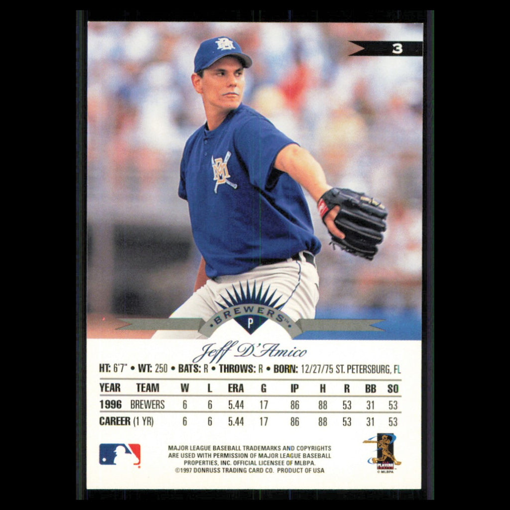 Jeff DAmico #3 1997 Leaf Milwaukee Brewers Baseball Card MLB NM