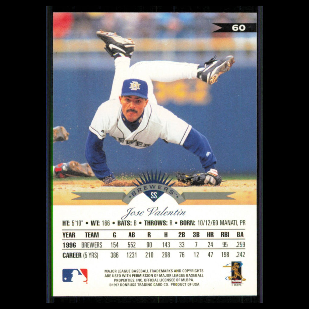 Jose Valentin #60 1997 Leaf Milwaukee Brewers Baseball Card MLB NM