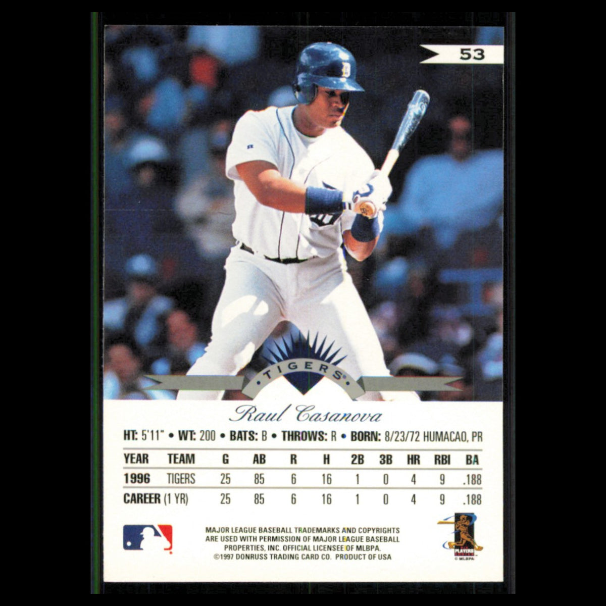 Raul Casanova #53 1997 Leaf Detroit Tigers Baseball Card MLB NM