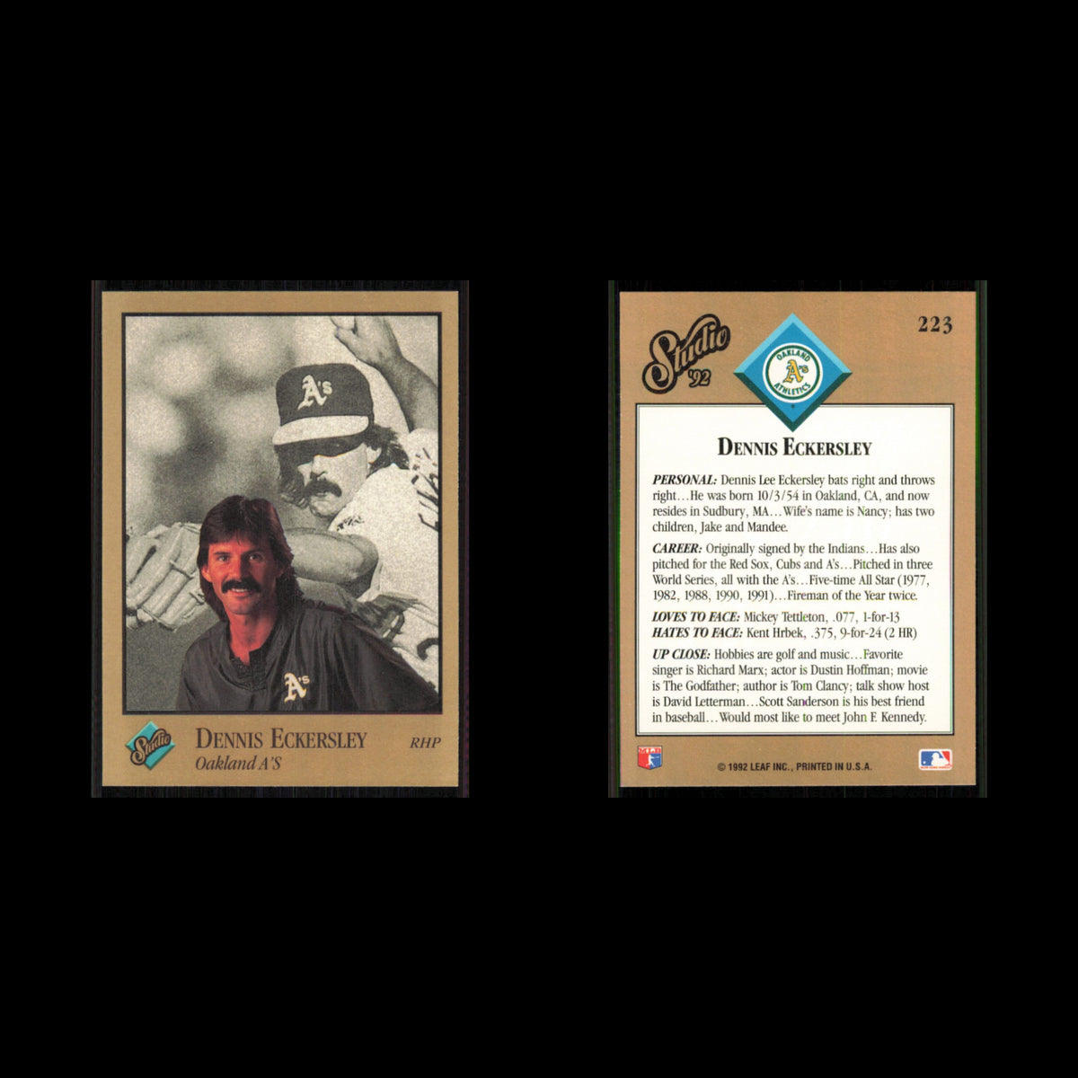 Dennis Eckersley #223 1992 Studio Oakland Athletics Baseball Card MLB NM