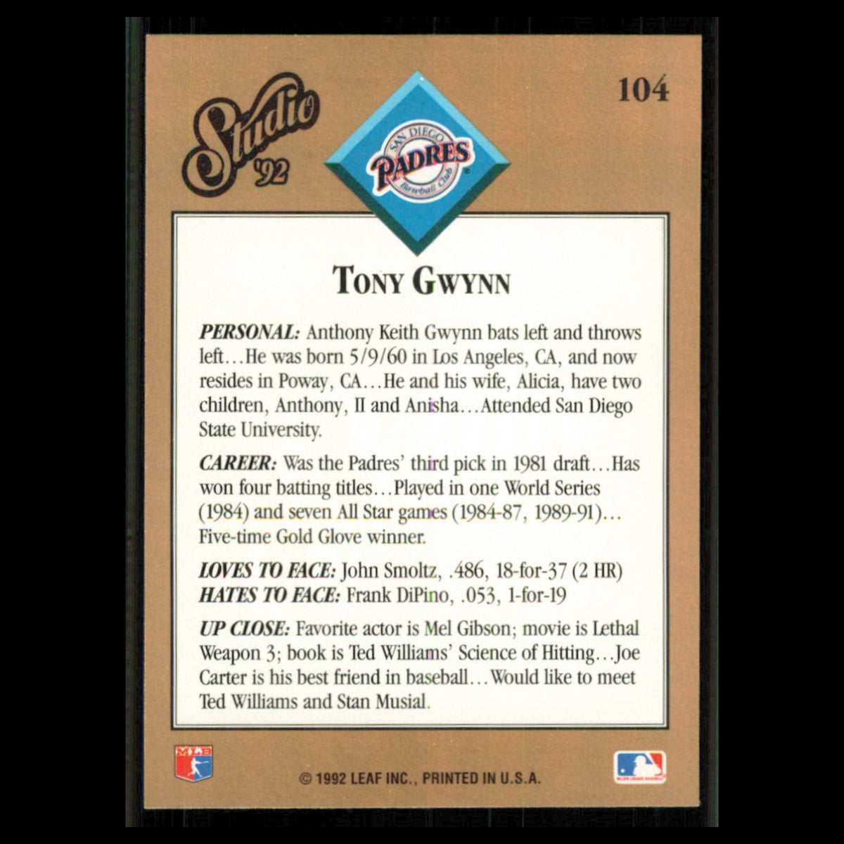 Tony Gwynn #104 1992 Studio San Diego Padres Baseball Card MLB NM