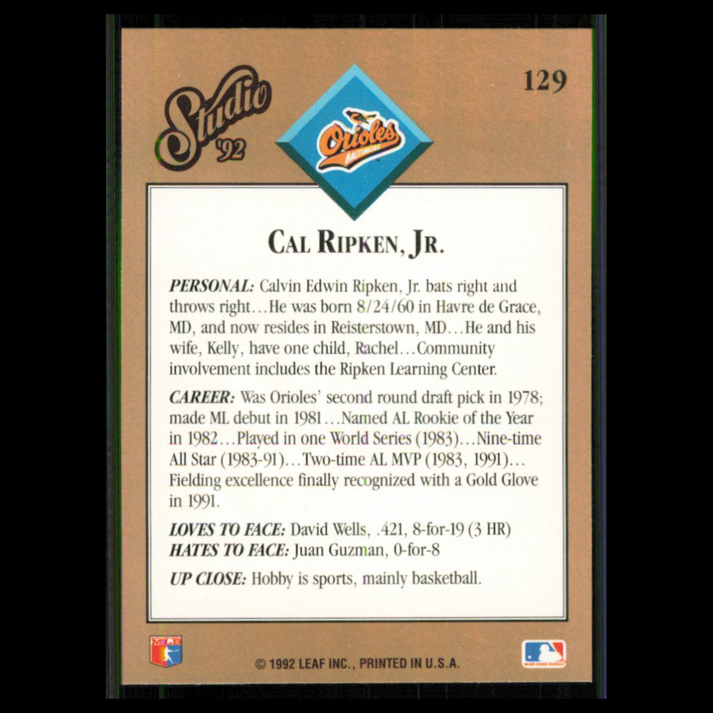 Cal Ripken Jr. #129 1992 Studio Baltimore Orioles Baseball Card MLB NM