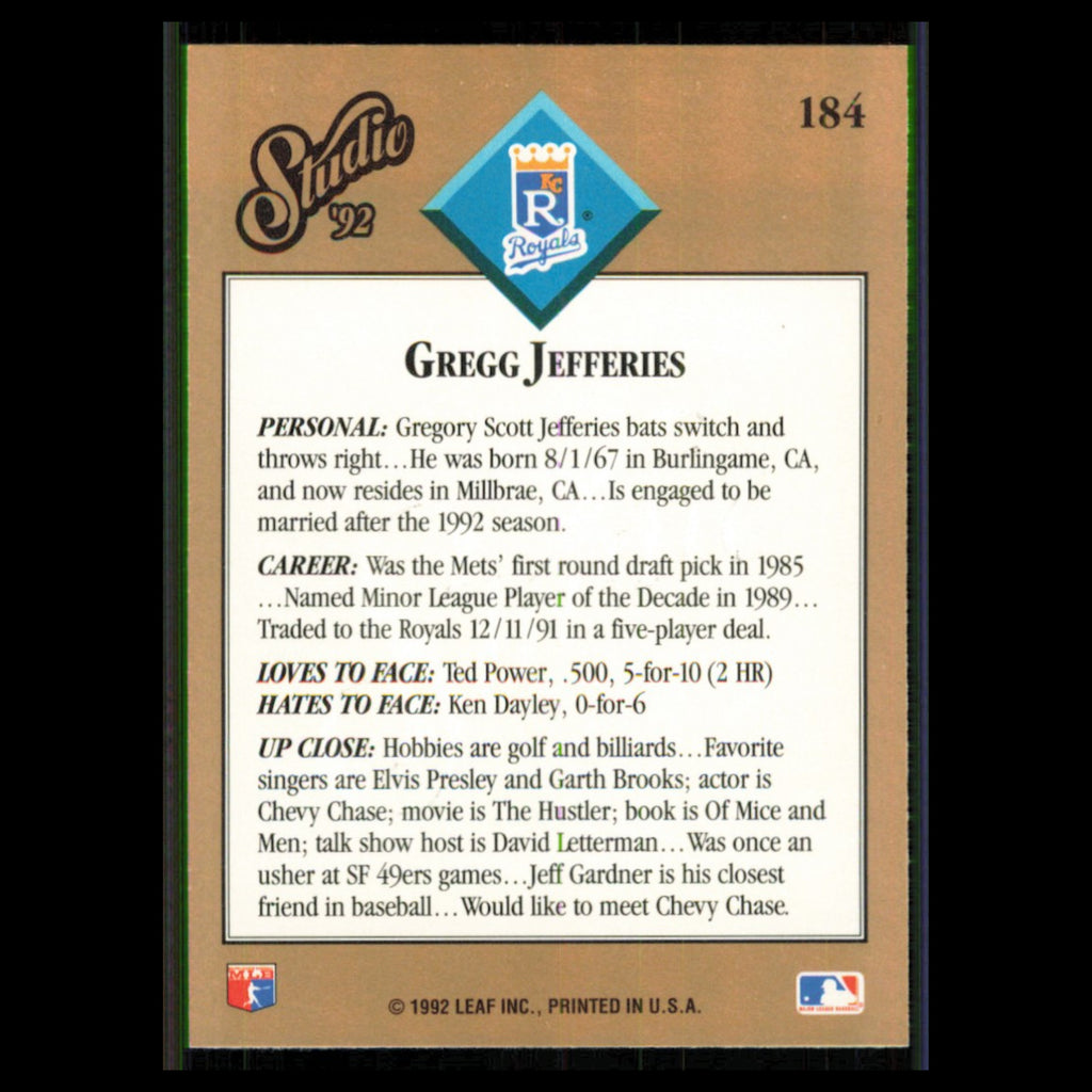 Gregg Jefferies #184 1992 Studio Kansas City Royals Baseball Card MLB NM