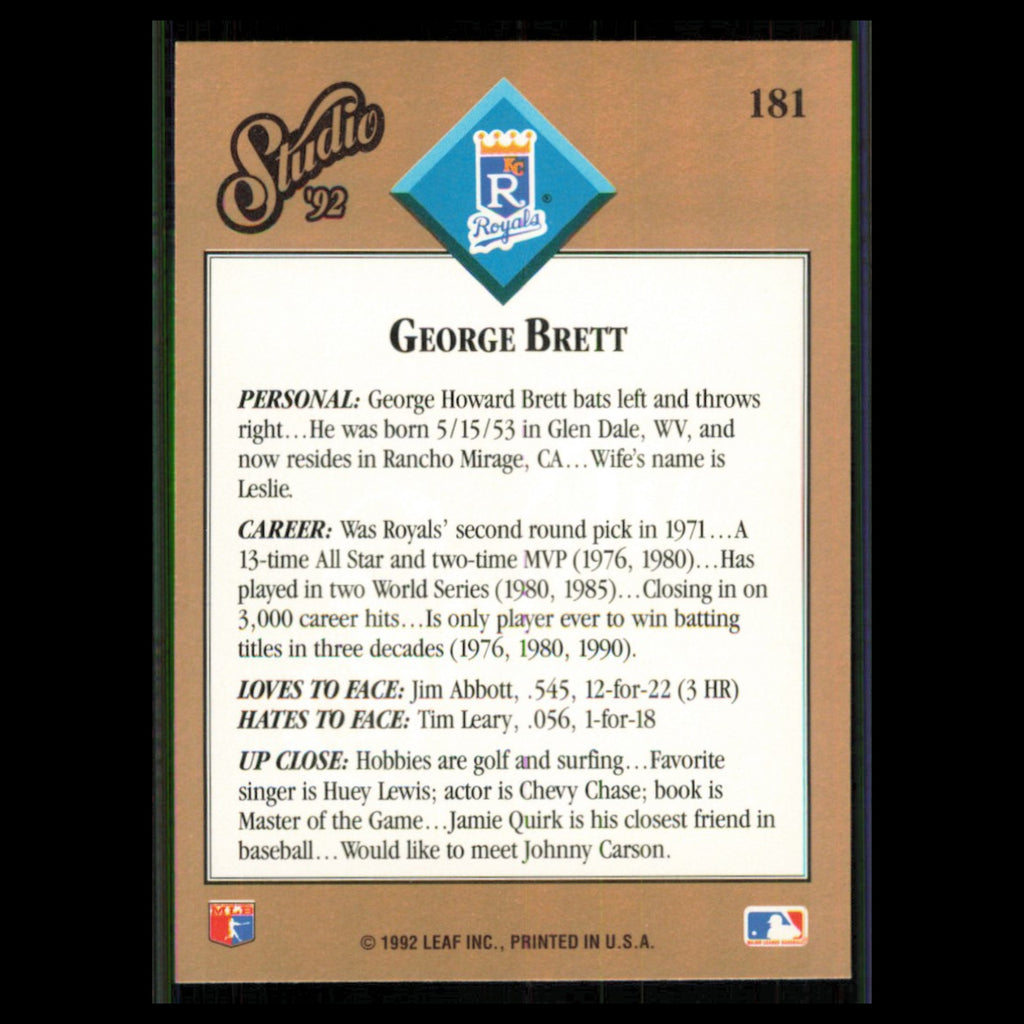 George Brett #181 1992 Studio Kansas City Royals Baseball Card MLB NM