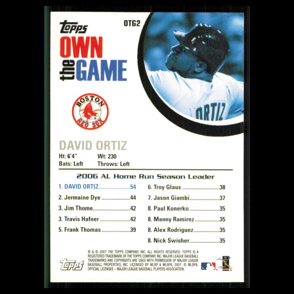 David Ortiz #OTG2 2007 Topps Own the Game Boston Red Sox Baseball Card MLB NM