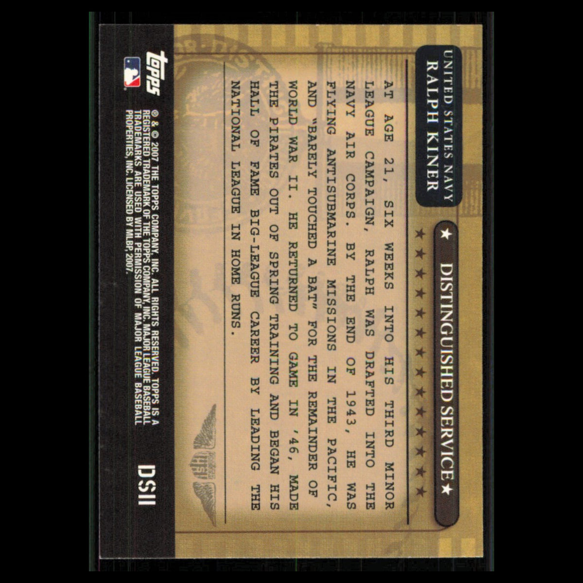 Ralph Kiner #DS11 2007 Topps Distinguished Service Pittsburgh Pirates Baseball