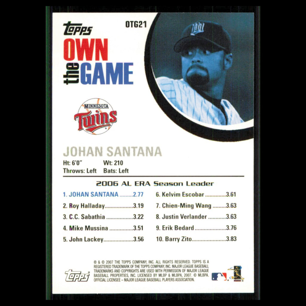 Johan Santana #OTG21 2007 Topps Own the Game Minnesota Twins Baseball Card MLB