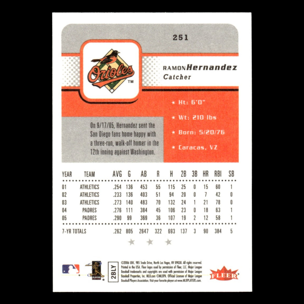 Ramon Hernandez #251 2006 Fleer Baltimore Orioles Baseball Card MLB NM