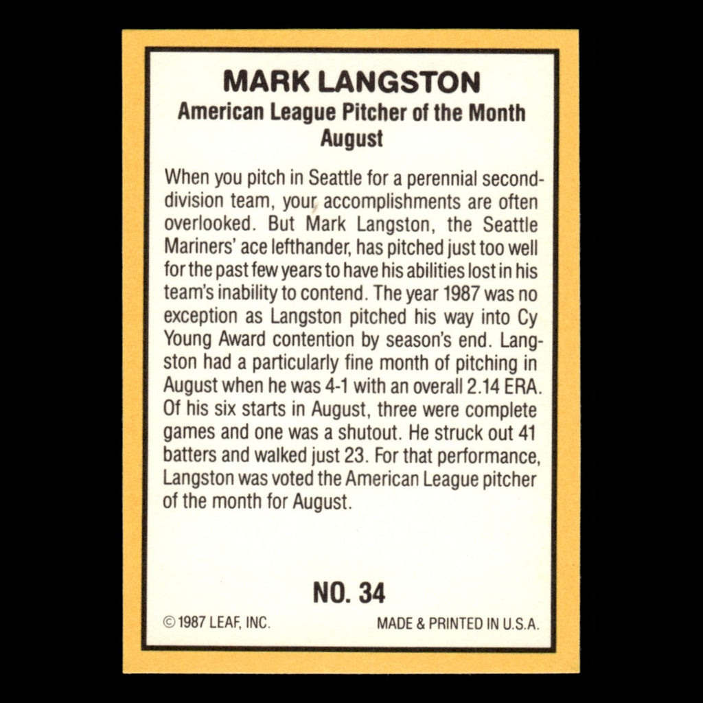 Mark Langston #34 1987 Donruss Highlights Seattle Mariners Baseball Card MLB NM