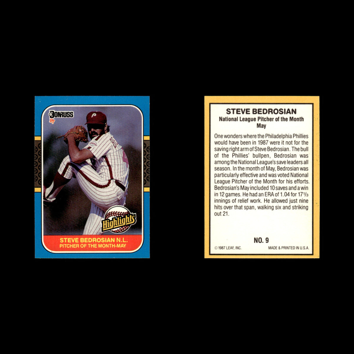 Steve Bedrosian #9 1987 Donruss Highlights Philadelphia Phillies Baseball Card