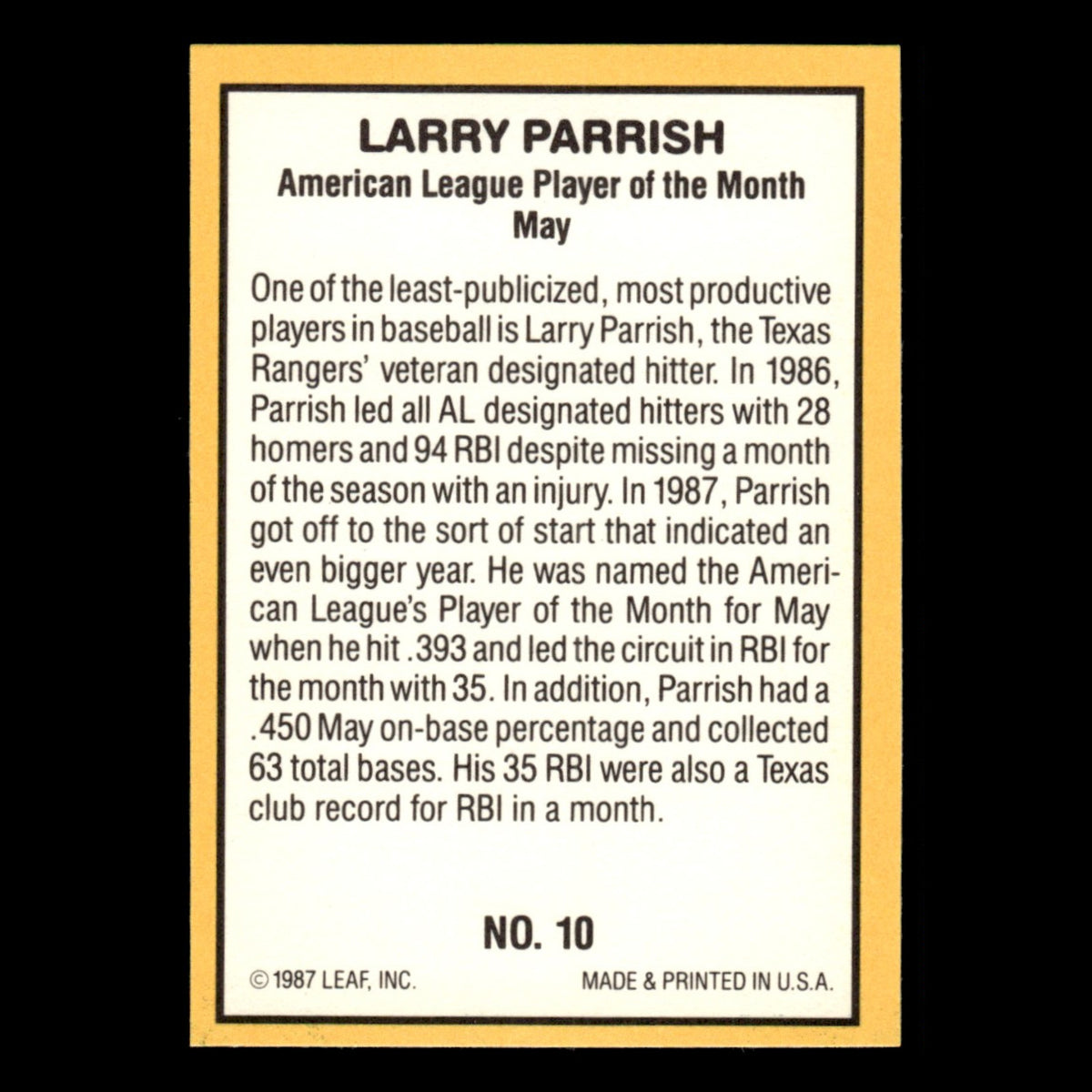 Larry Parrish #10 1987 Donruss Highlights Texas Rangers Baseball Card MLB NM