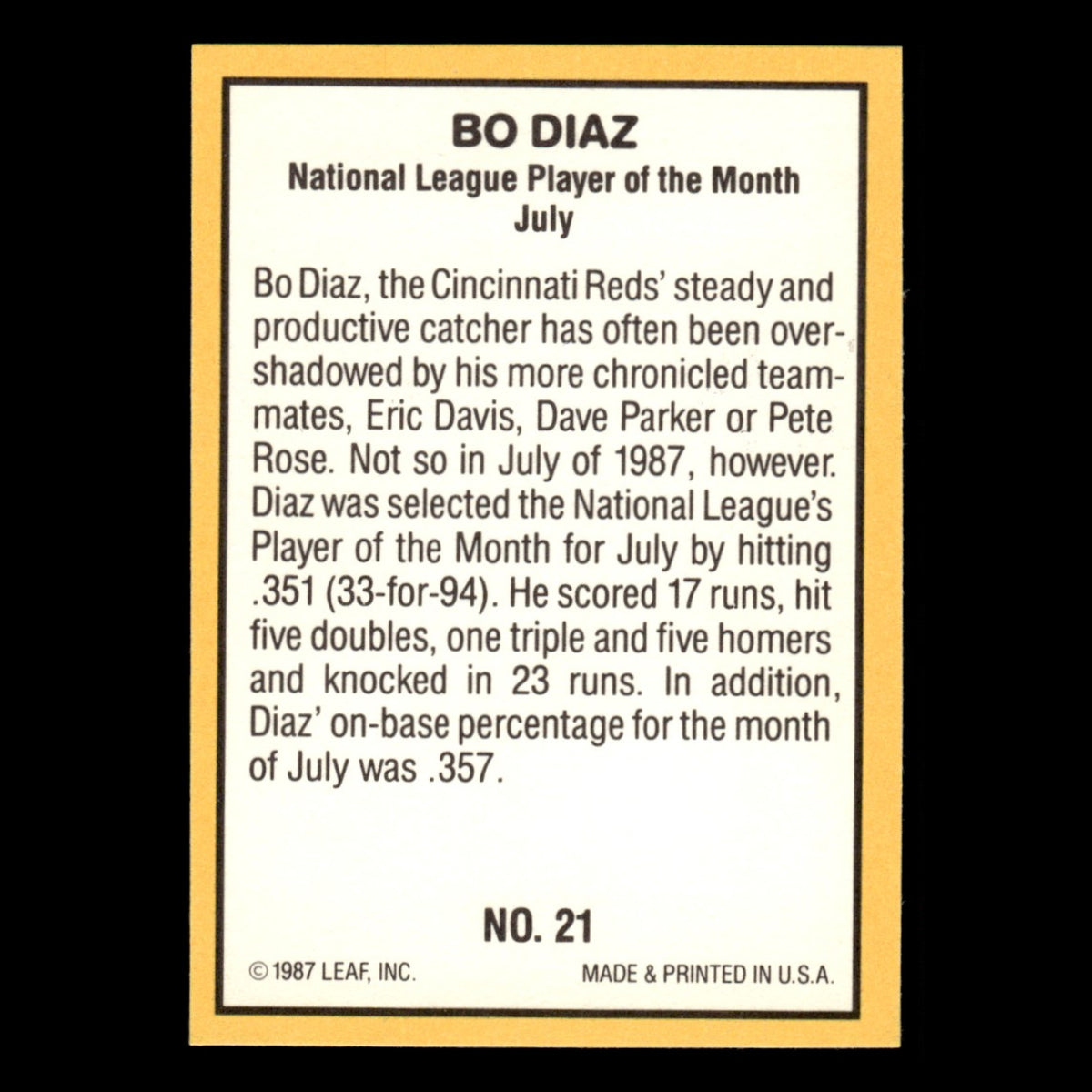 Bo Diaz #21 1987 Donruss Highlights Cincinnati Reds Baseball Card MLB NM