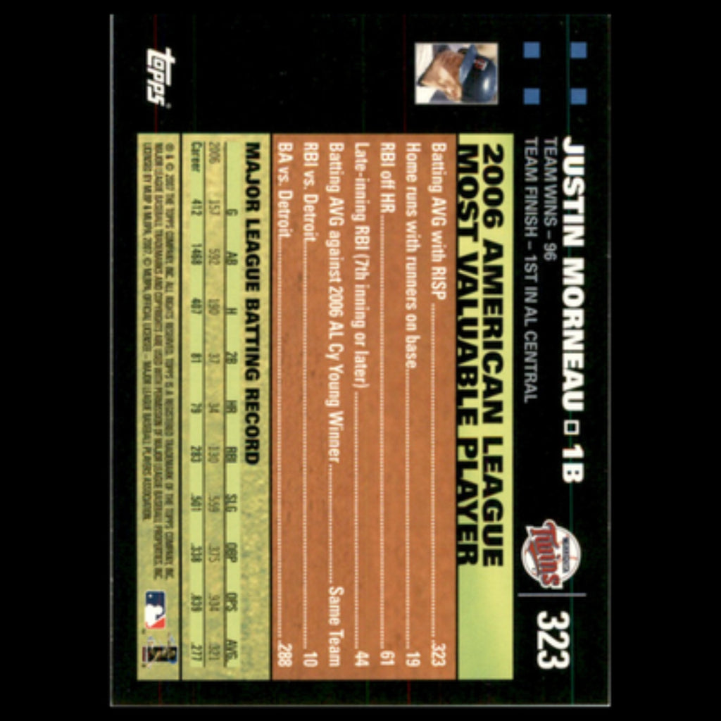 Justin Morneau #323 2007 Topps Minnesota Twins Baseball Card MLB NM