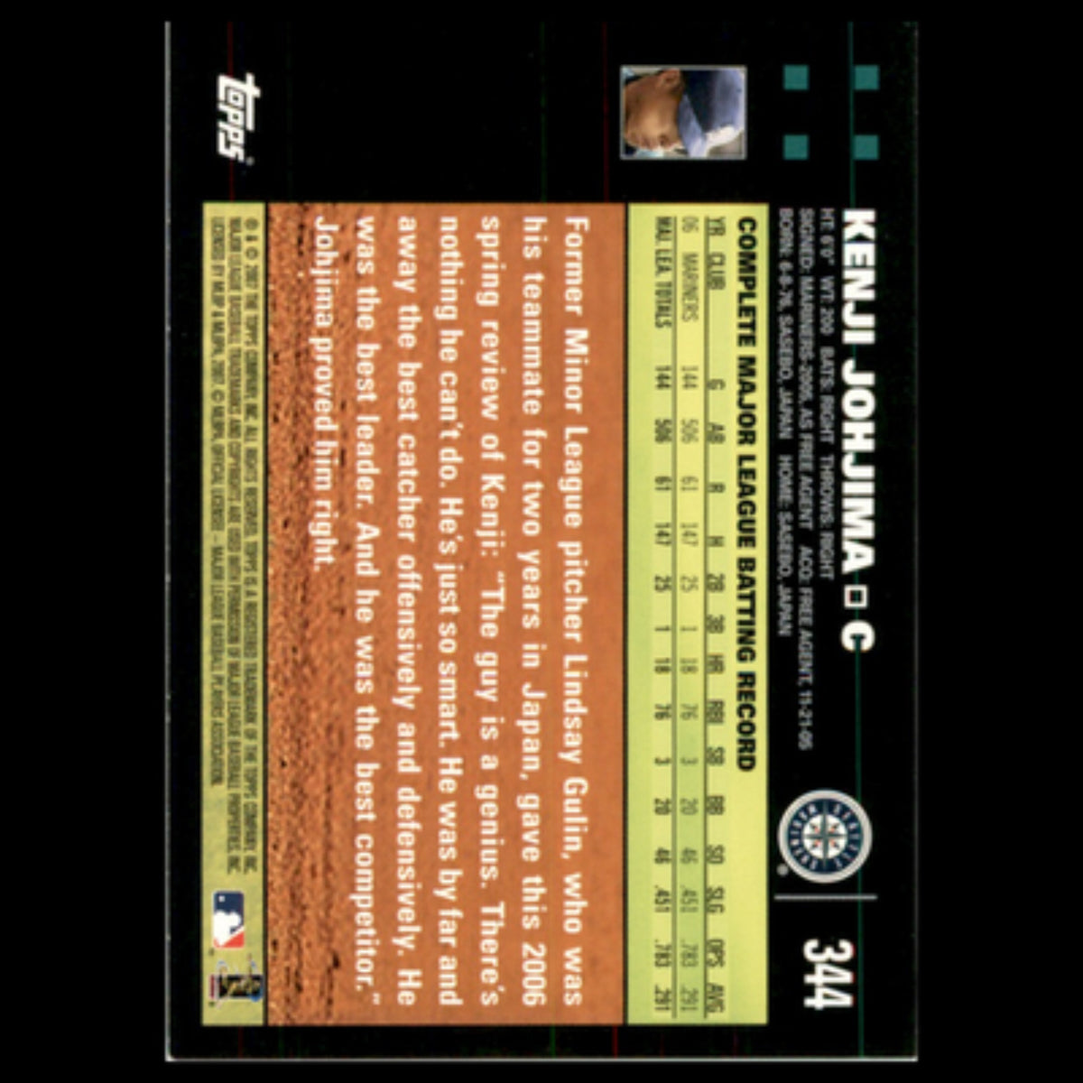 Kenji Johjima #344 2007 Topps Seattle Mariners Baseball Card MLB NM