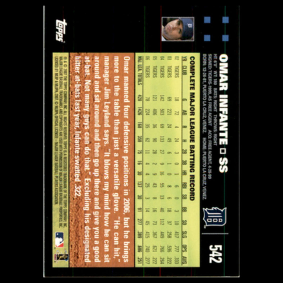 Omar Infante #542 2007 Topps Detroit Tigers Baseball Card MLB NM