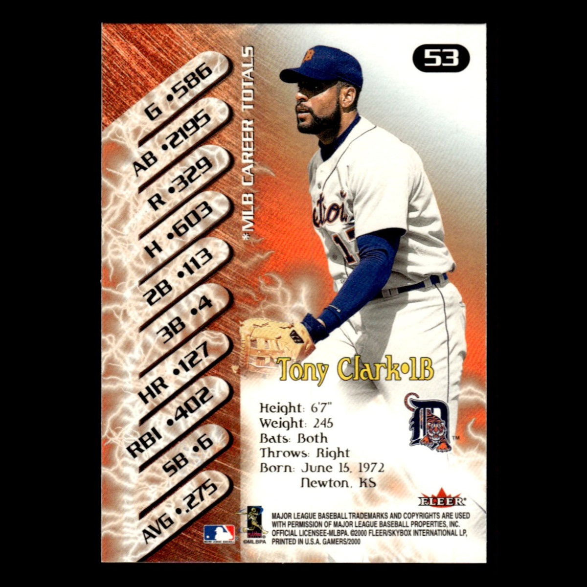 Tony Clark #53 2000 Fleer Gamers Detroit Tigers Baseball Card MLB NM