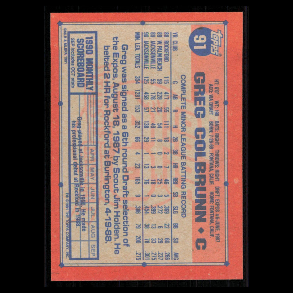 Greg Colbrunn Rookie #91 1991 Topps Montreal Expos Baseball Card MLB NM