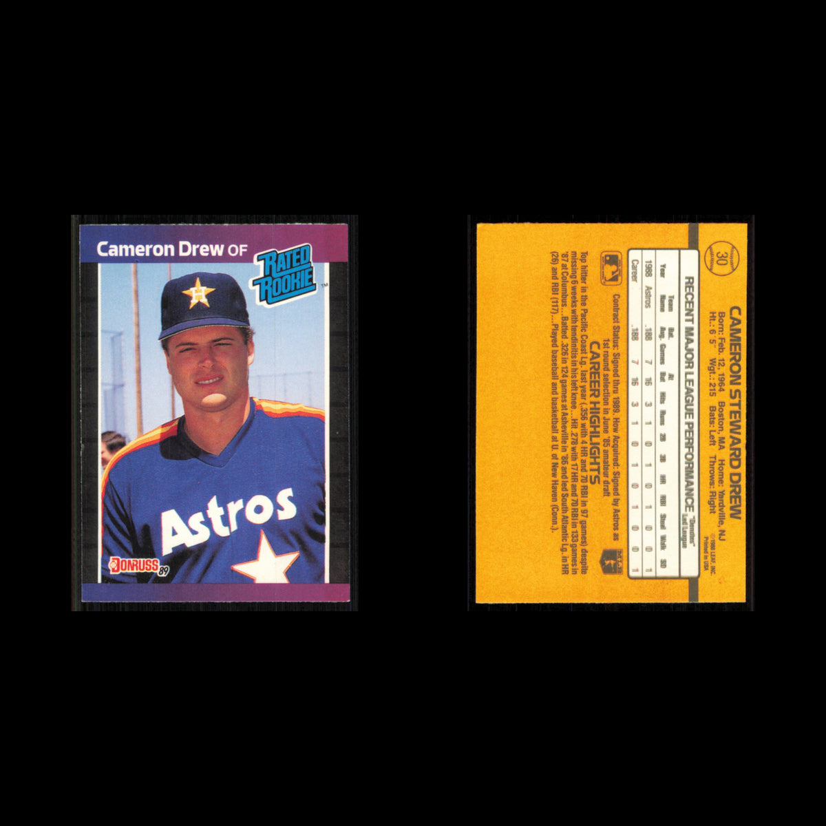Cameron Drew Rookie #30 1989 Donruss Houston Astros Baseball Card MLB NM