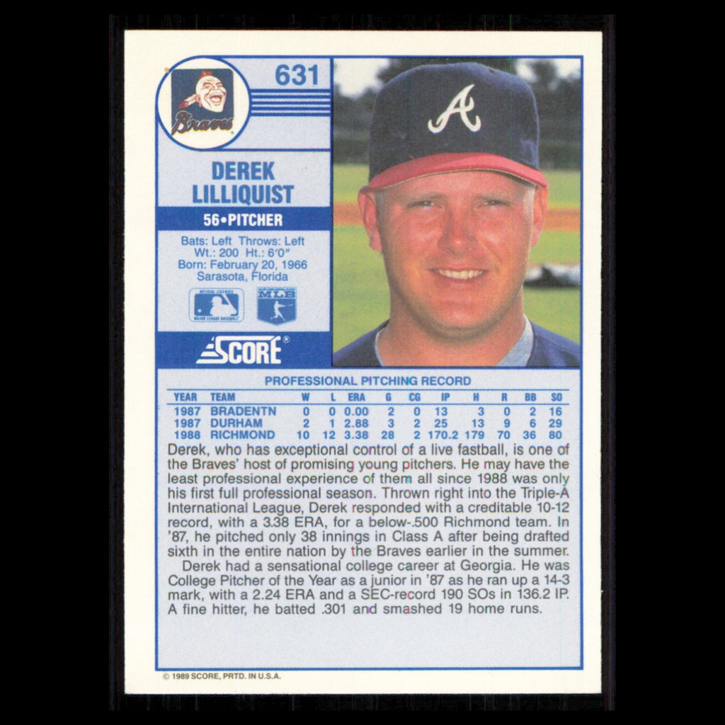 Derek Lilliquist Rookie #631 1989 Score Atlanta Braves Baseball Card MLB NM