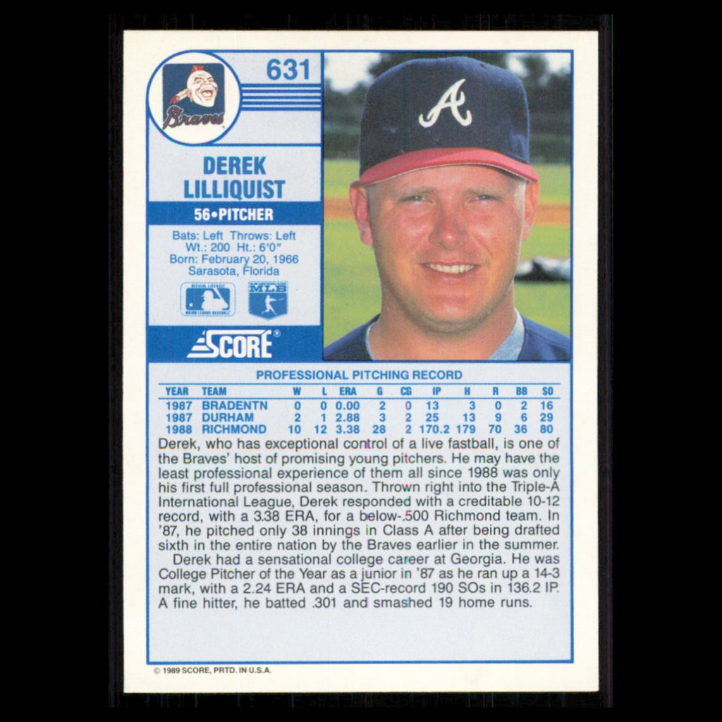 Derek Lilliquist Rookie #631 1989 Score Atlanta Braves Baseball Card MLB NM
