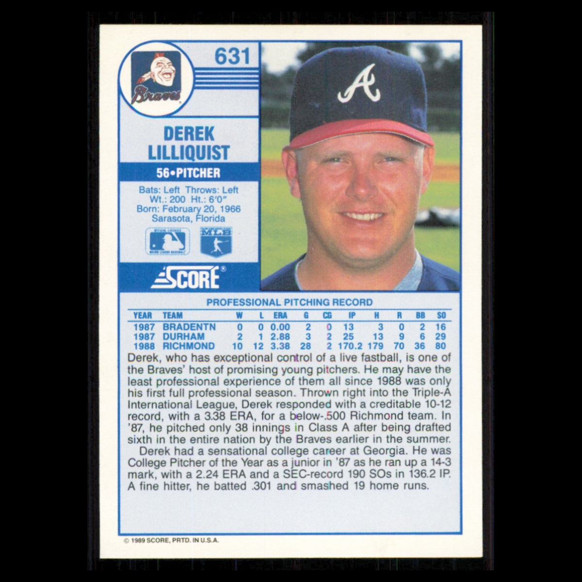 Derek Lilliquist Rookie #631 1989 Score Atlanta Braves Baseball Card MLB NM