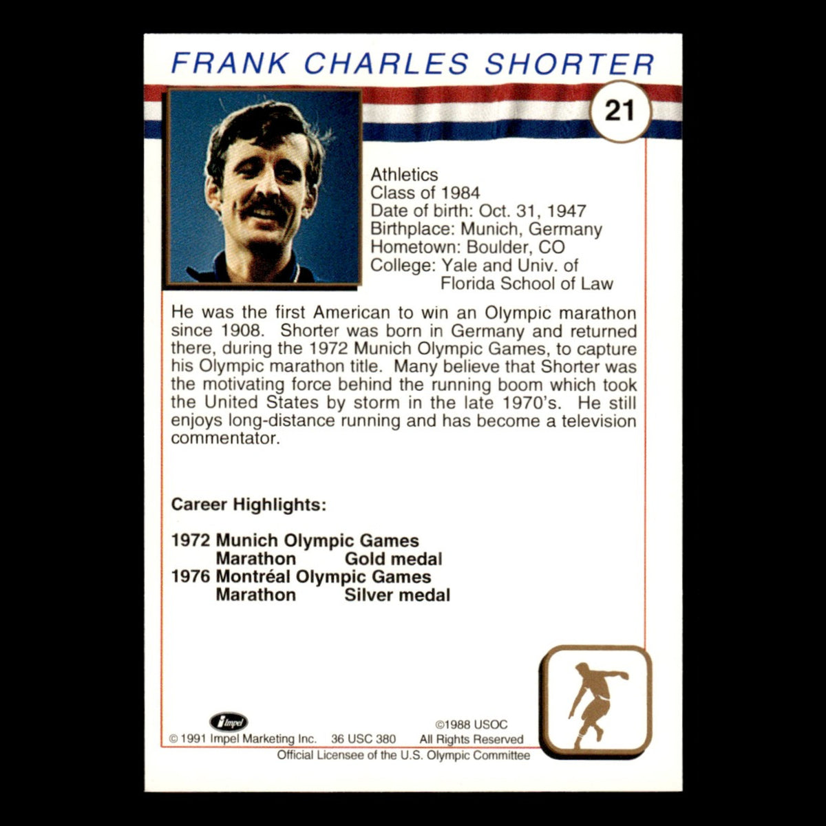 Frank Shorter #21 1991 Impel Olympic Hall of Fame Baseball Card MLB NM