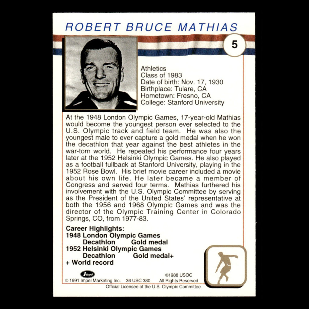 Bob Mathias #5 1991 Impel Olympic Hall of Fame Baseball Card MLB NM
