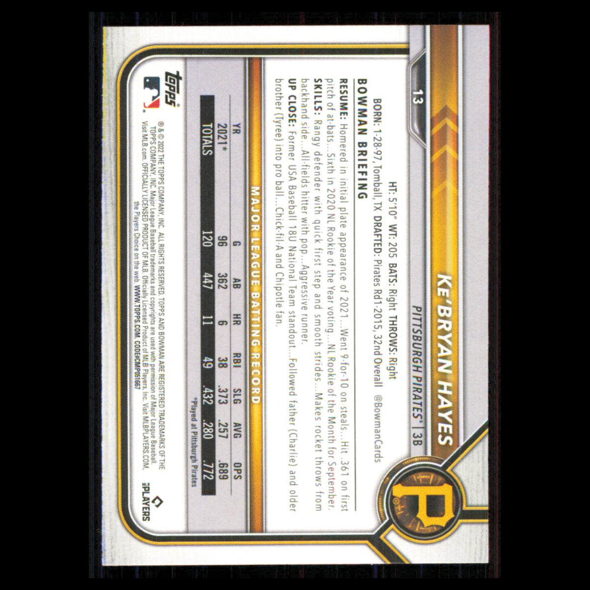 KeBryan Hayes #13 2022 Bowman Pittsburgh Pirates Baseball Card MLB NM
