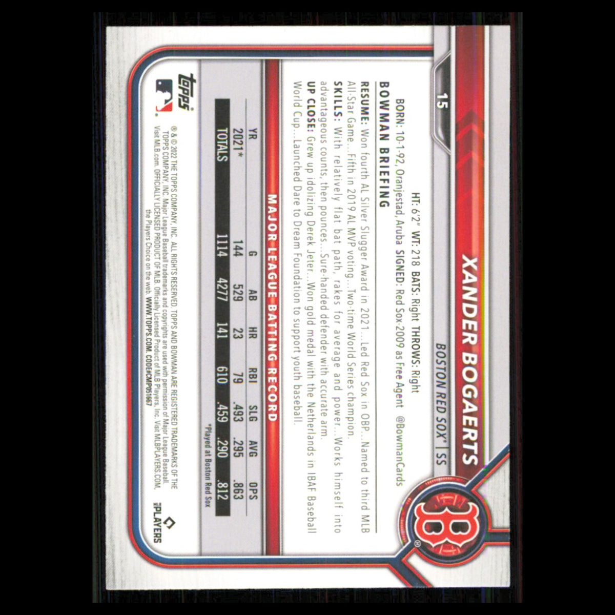 Xander Bogaerts #15 2022 Bowman Boston Red Sox Baseball Card MLB NM