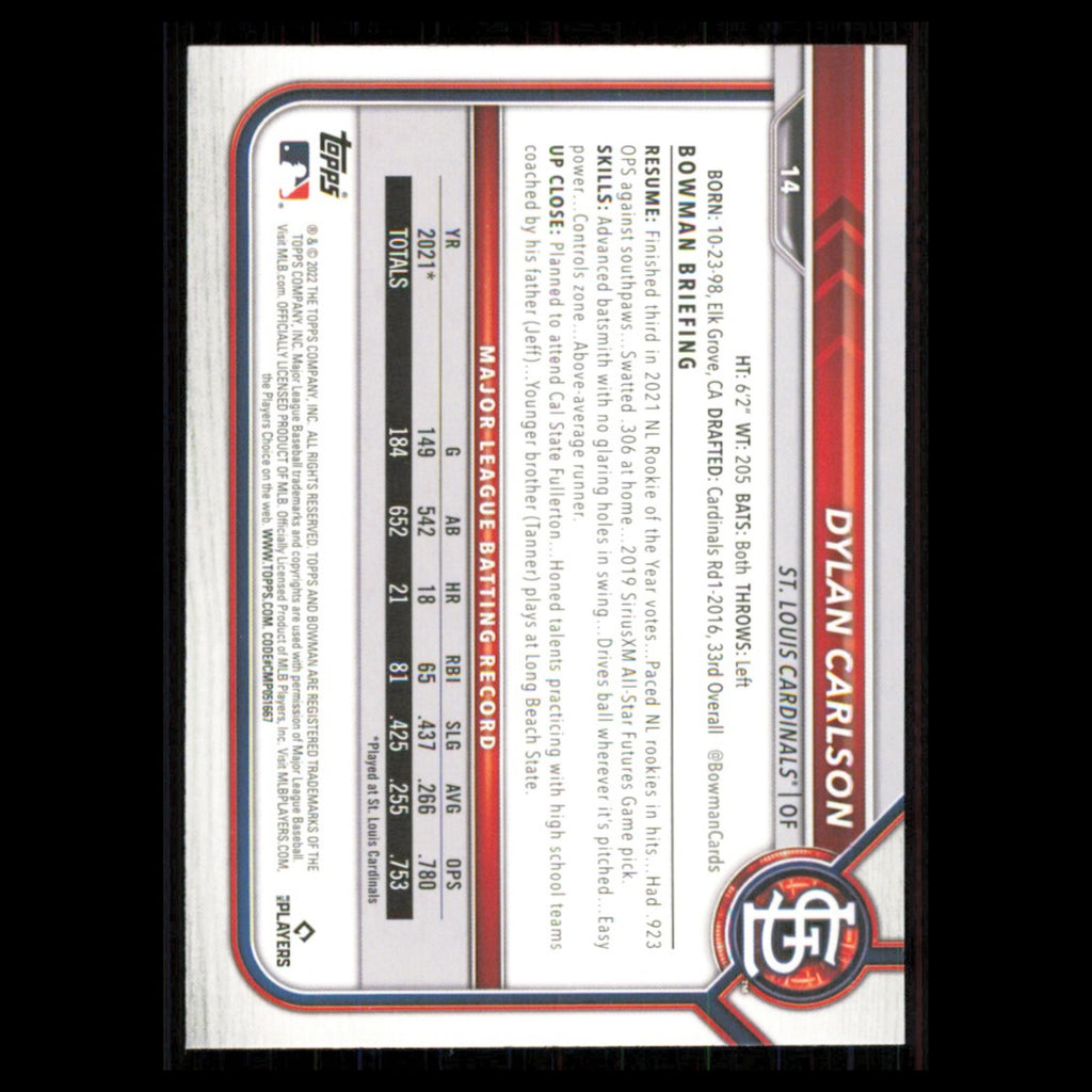 Dylan Carlson #14 2022 Bowman St. Louis Cardinals Baseball Card MLB NM