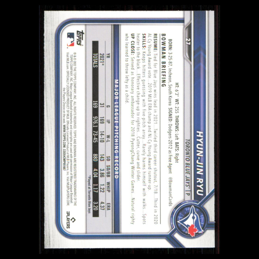 Hyun-Jin Ryu #27 2022 Bowman Toronto Blue Jays Baseball Card MLB NM