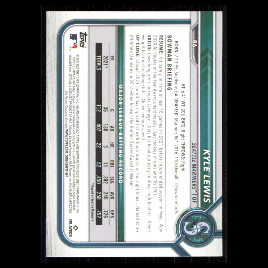 Kyle Lewis #86 2022 Bowman Seattle Mariners Baseball Card MLB NM