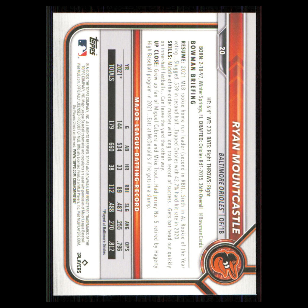 Ryan Mountcastle #20 2022 Bowman Baltimore Orioles Baseball Card MLB NM