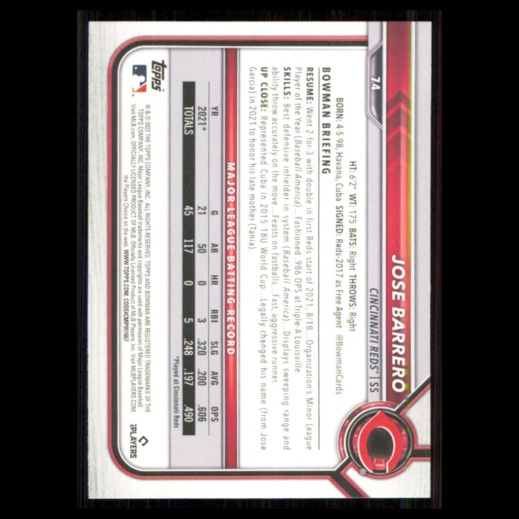 Jose Barrero #74 2022 Bowman Cincinnati Reds Baseball Card MLB NM