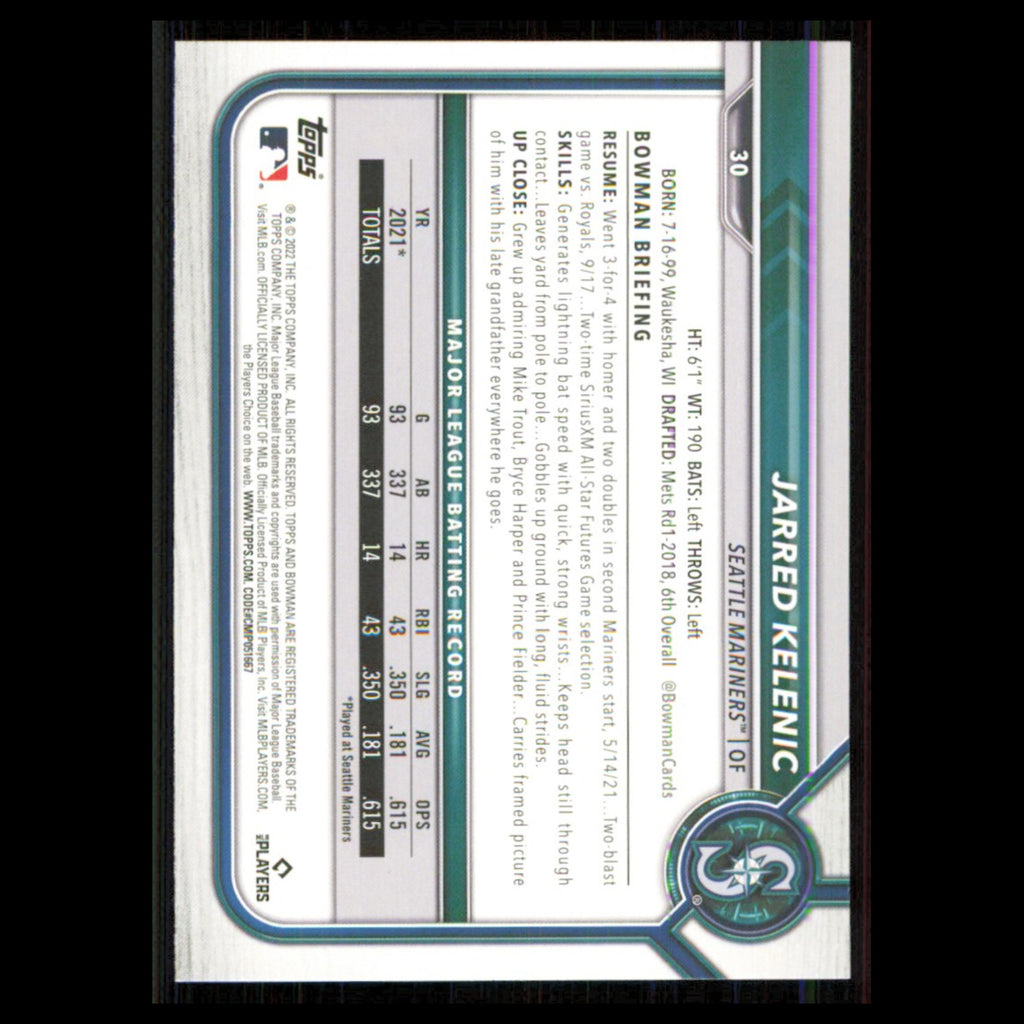 Jarred Kelenic #30 2022 Bowman Seattle Mariners Baseball Card MLB NM