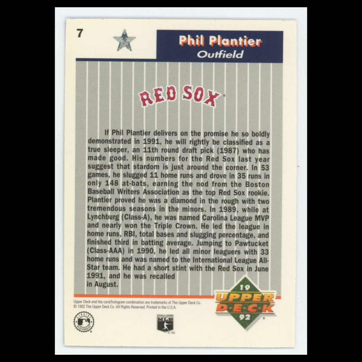 Phil Plantier #7 1992 Upper Deck All-Star FanFest Boston Red Sox Baseball Card