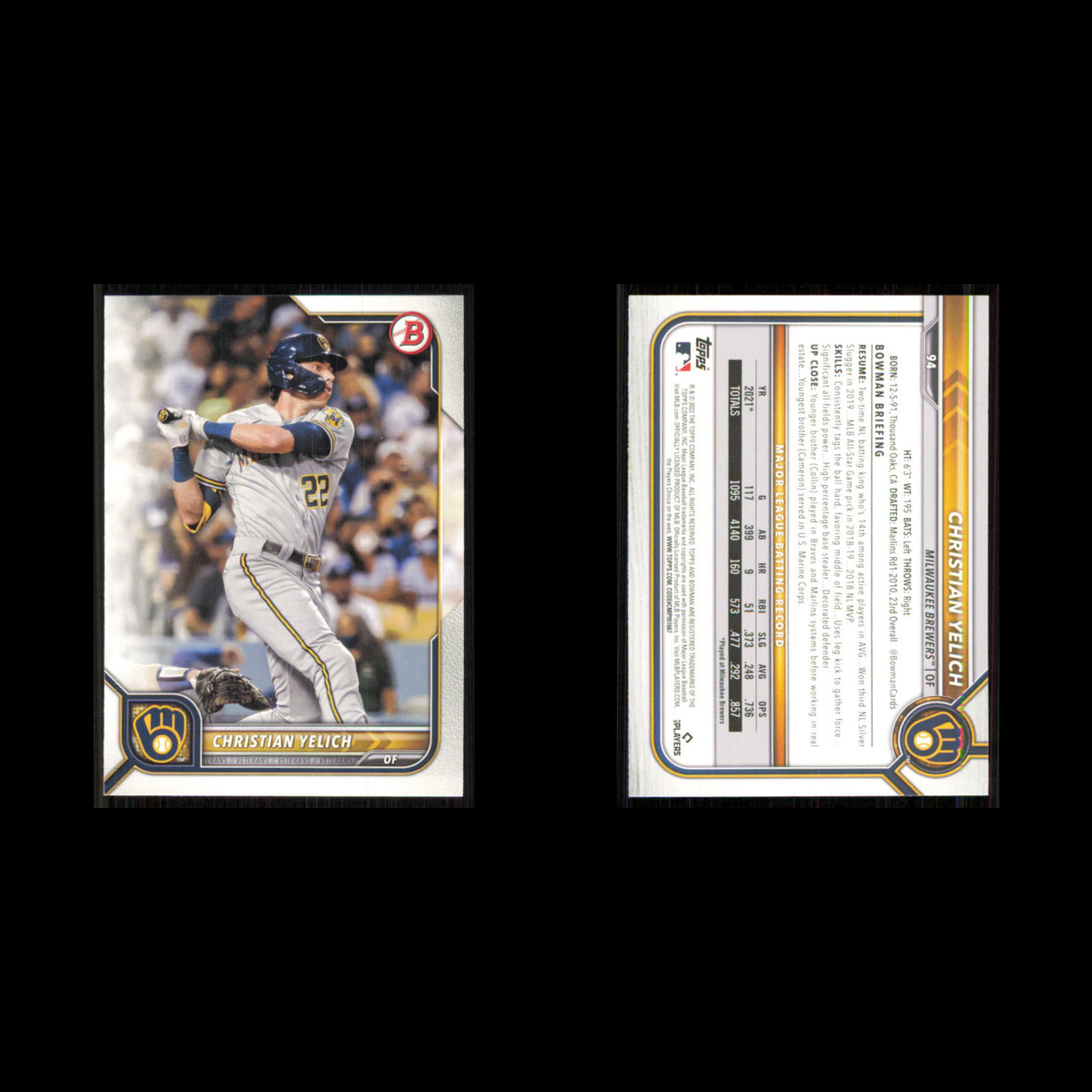 Christian Yelich #94 2022 Bowman Milwaukee Brewers Baseball Card MLB NM