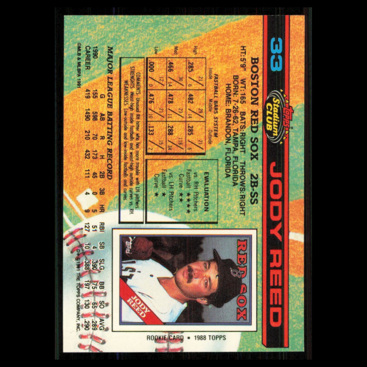 Jody Reed #33 1991 Topps Stadium Club Boston Red Sox Baseball Card MLB NM