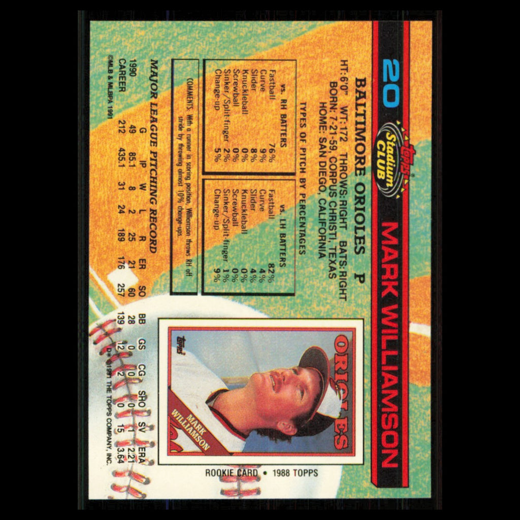Mark Williamson #20 1991 Topps Stadium Club Baltimore Orioles Baseball Card MLB