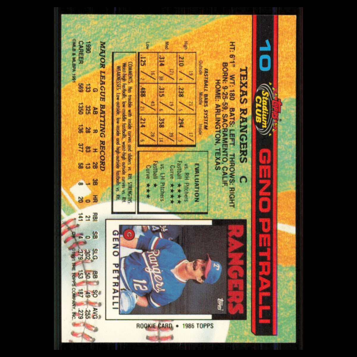Geno Petralli #10 1991 Topps Stadium Club Texas Rangers Baseball Card MLB NM