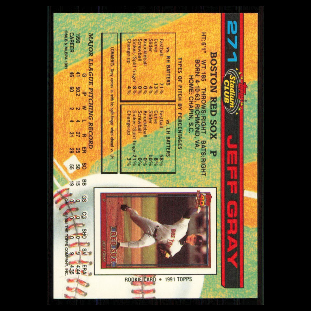 Jeff Gray Rookie #271 1991 Topps Stadium Club Boston Red Sox Baseball Card MLB