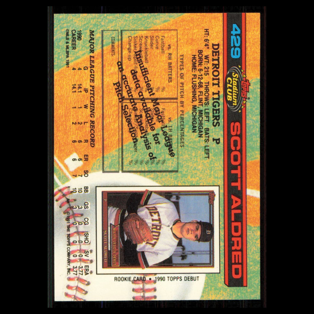 Scott Aldred #429 1991 Topps Stadium Club Detroit Tigers Baseball Card MLB NM