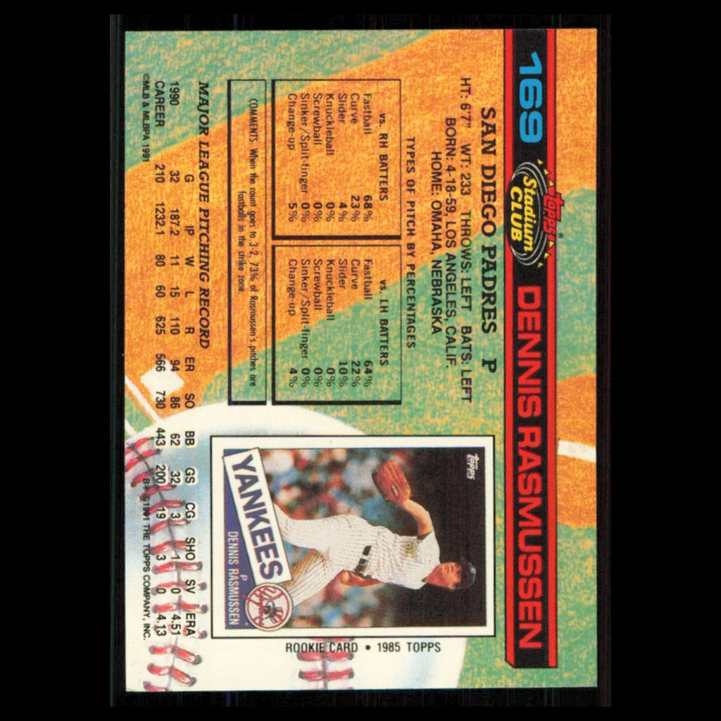 Dennis Rasmussen #169 1991 Topps Stadium Club San Diego Padres Baseball Card MLB