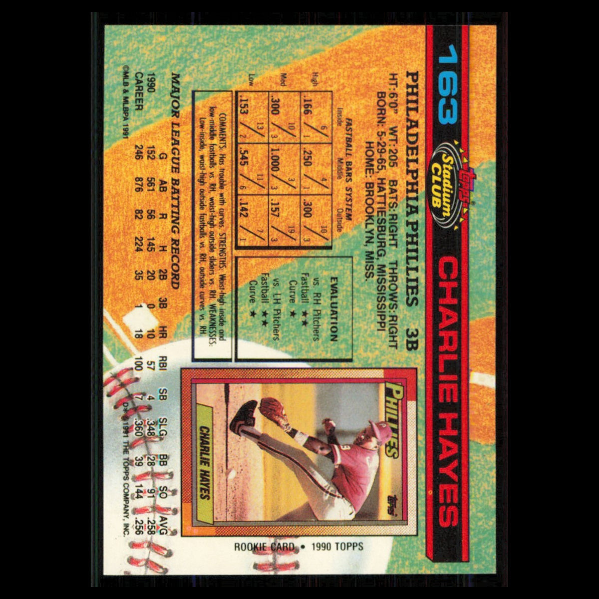 Charlie Hayes #163 1991 Topps Stadium Club Philadelphia Phillies Baseball Card