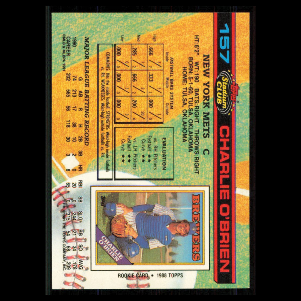Charlie OBrien #157 1991 Topps Stadium Club New York Mets Baseball Card MLB NM