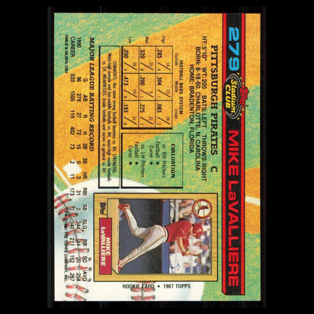Mike LaValliere #279 1991 Topps Stadium Club Pittsburgh Pirates Baseball Card NM