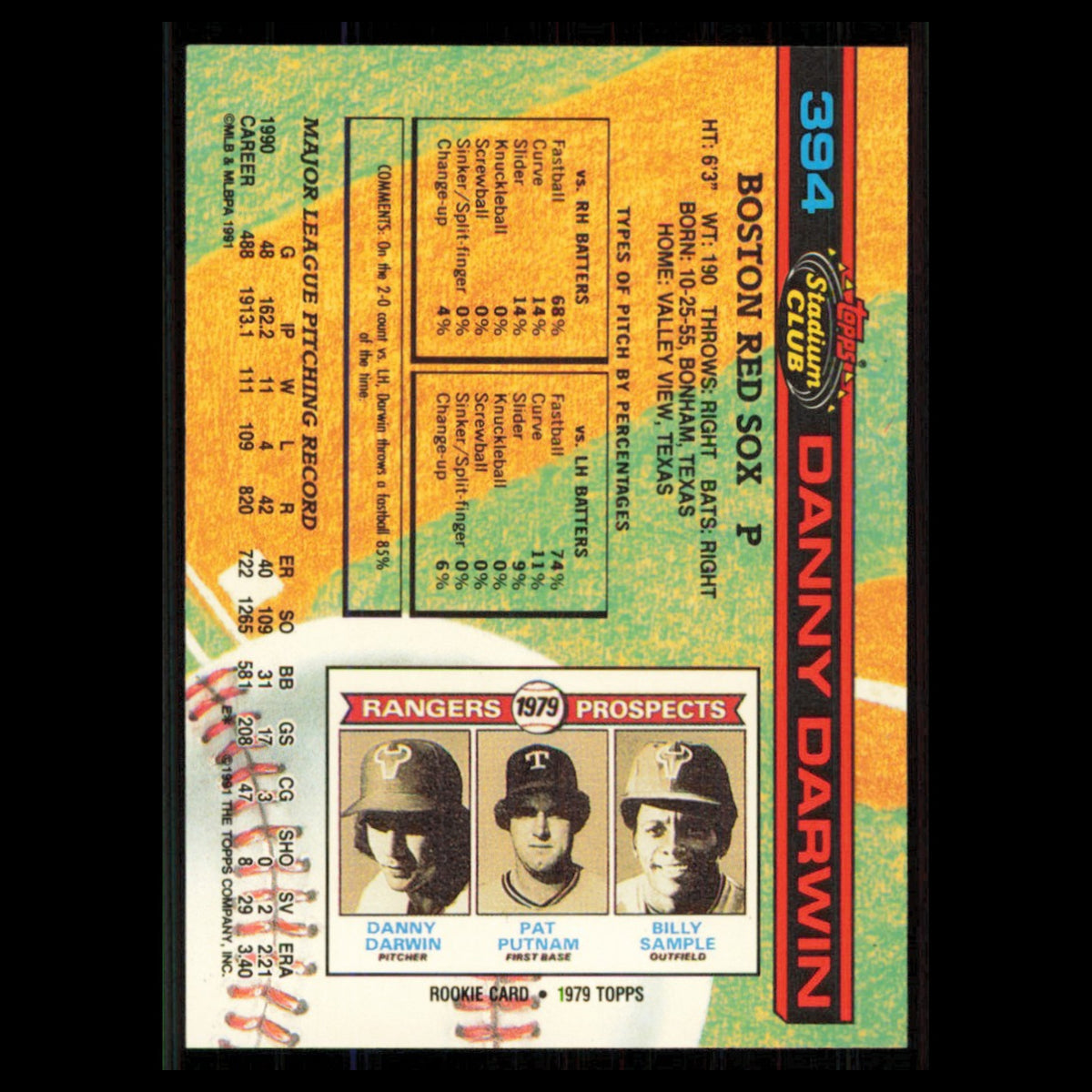 Danny Darwin #394 1991 Topps Stadium Club Boston Red Sox Baseball Card MLB NM