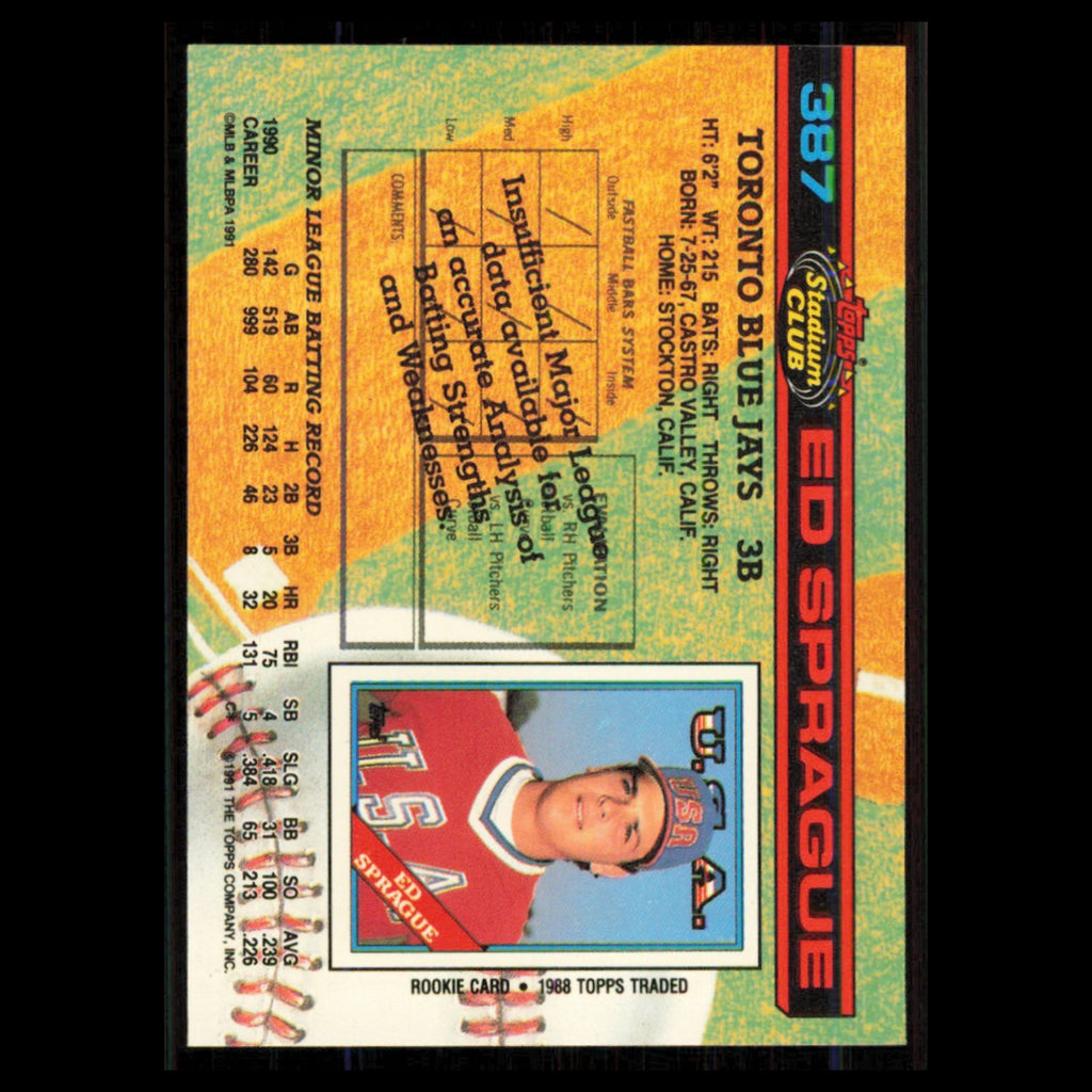 Ed Sprague #387 1991 Topps Stadium Club Toronto Blue Jays Baseball Card MLB NM