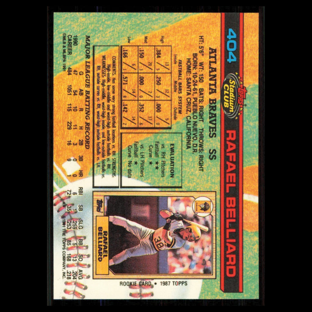 Rafael Belliard #404 1991 Topps Stadium Club Atlanta Braves Baseball Card MLB NM